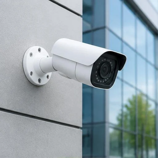 Câmera profissional de segurança instalada em uma fachada