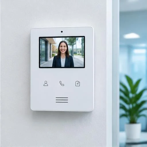 Videoporteiro instalado na parede de um ambiente comercial