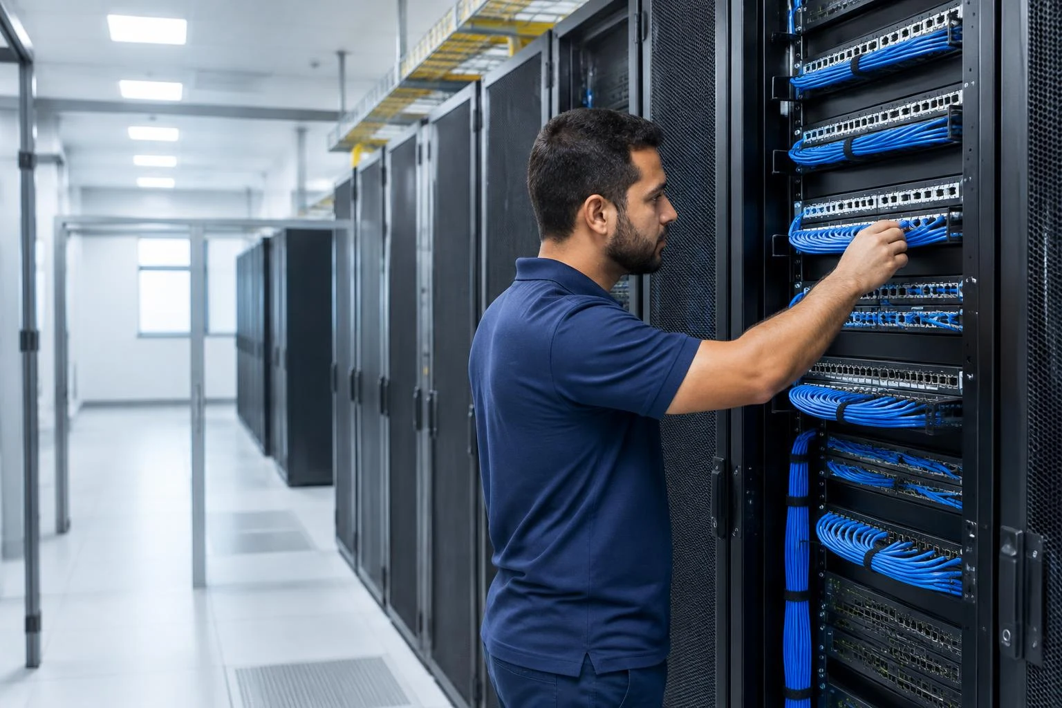 Infraestrutura de rede com rack e cabeamento organizado