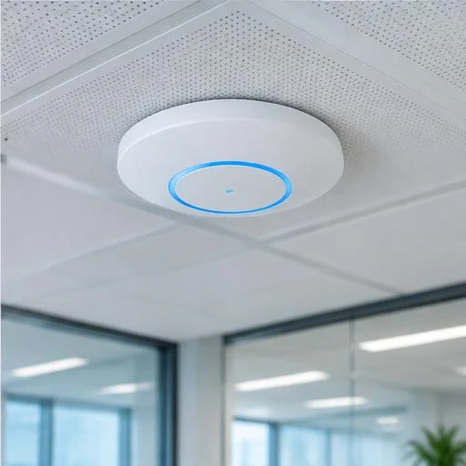 Ponto de acesso Wi-Fi instalado no teto de um escritório